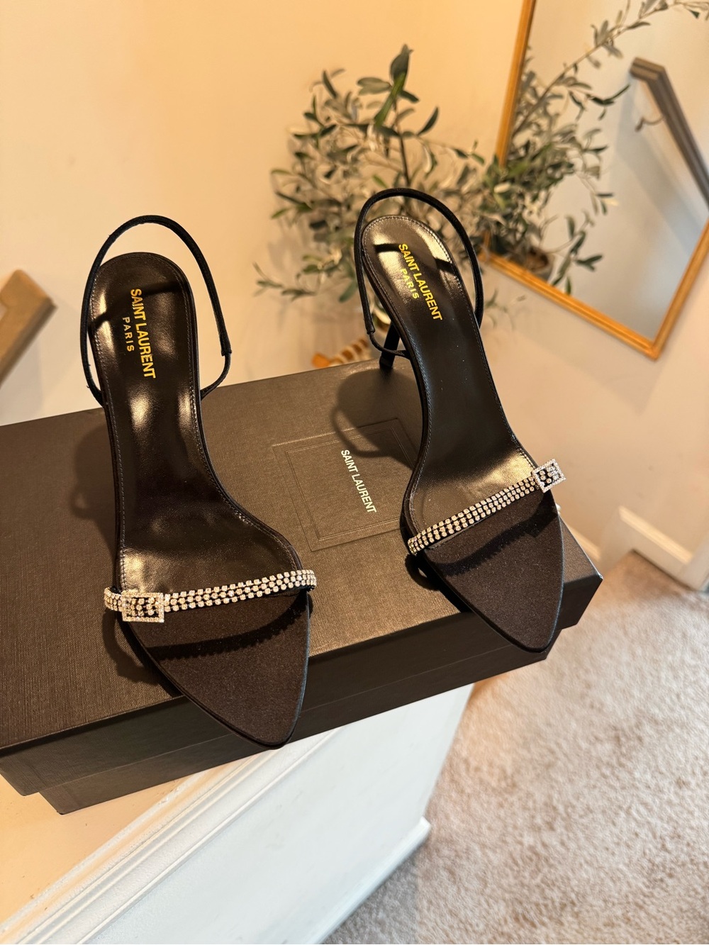 Saint Laurent Black Crystal Strap Slingback Heels